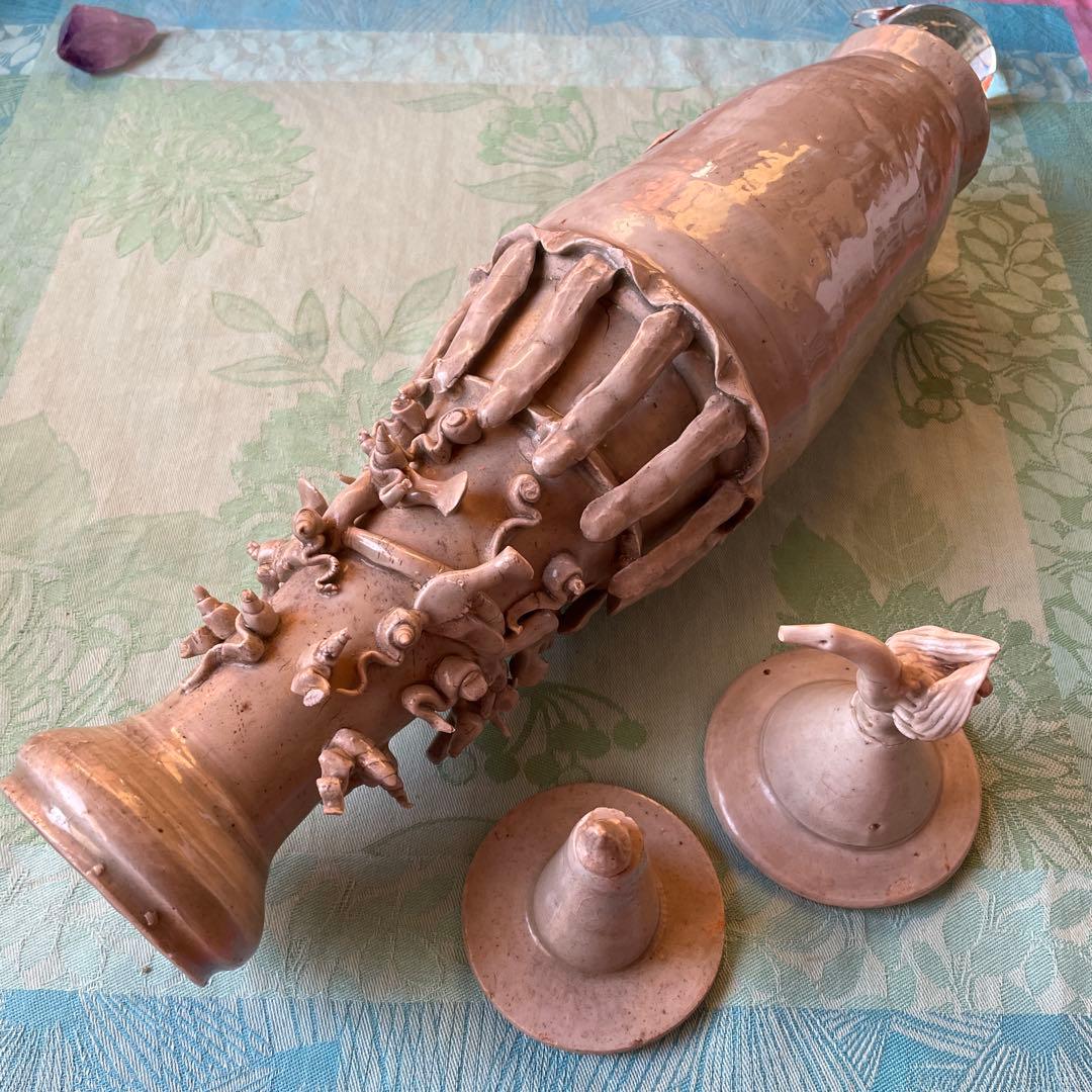 日月壺 蓋付き 白磁 発掘品 中国古阮 陶器の花瓶と鳥