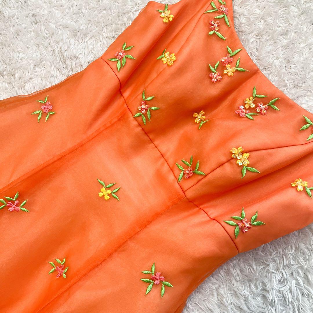 AIMER カラードレス カクテル 刺繍 花柄 フラワー　チュール オレンジ 9
