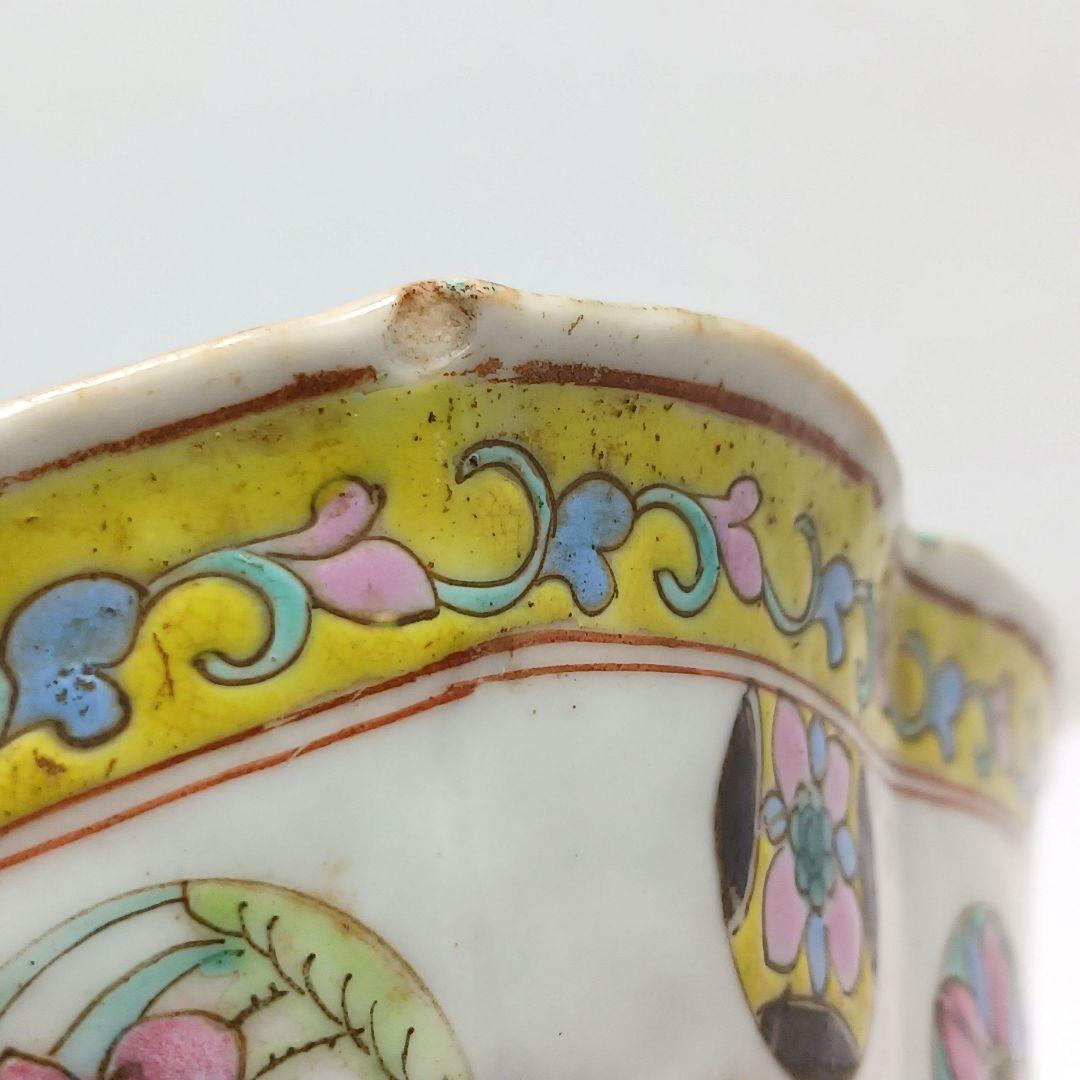 Y2375 中国 手彩 六角粉彩中鉢 在銘印有 く Y2375 中国 手