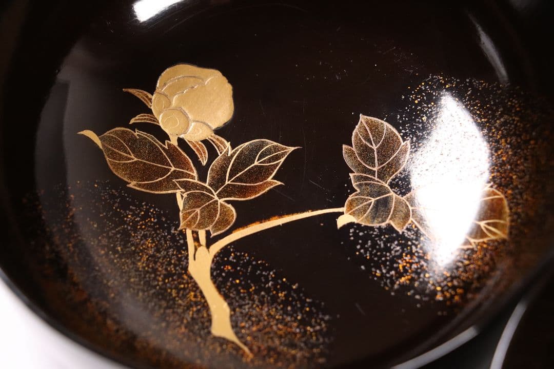 MA244 時代漆器 輪島塗 牡丹雀金蒔絵 梨地 黒塗椀 二客 木製 花鳥