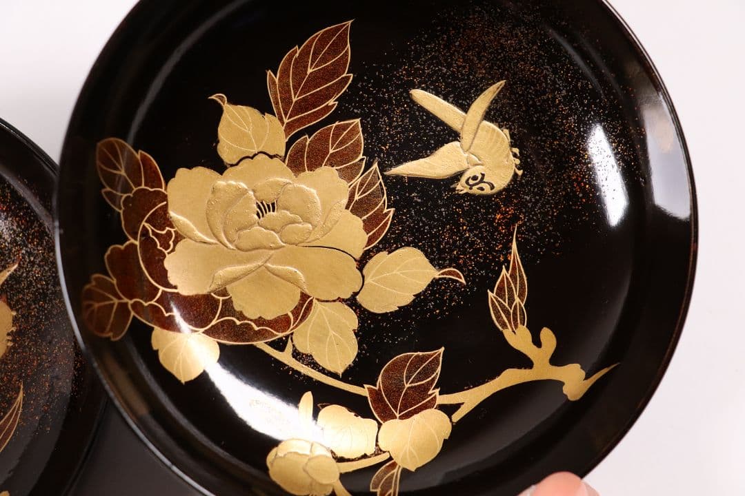 MA244 時代漆器 輪島塗 牡丹雀金蒔絵 梨地 黒塗椀 二客 木製 花鳥