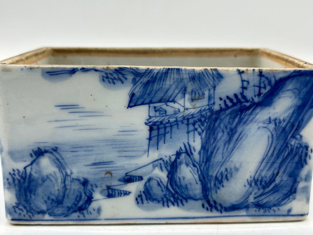 時代　染付山水紋蓋物　送料込み0410
