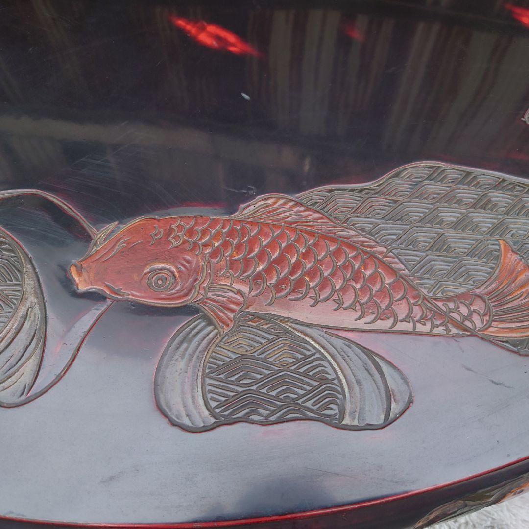 送料込 卓 鯉 木彫り アンティーク家具 直径120cm