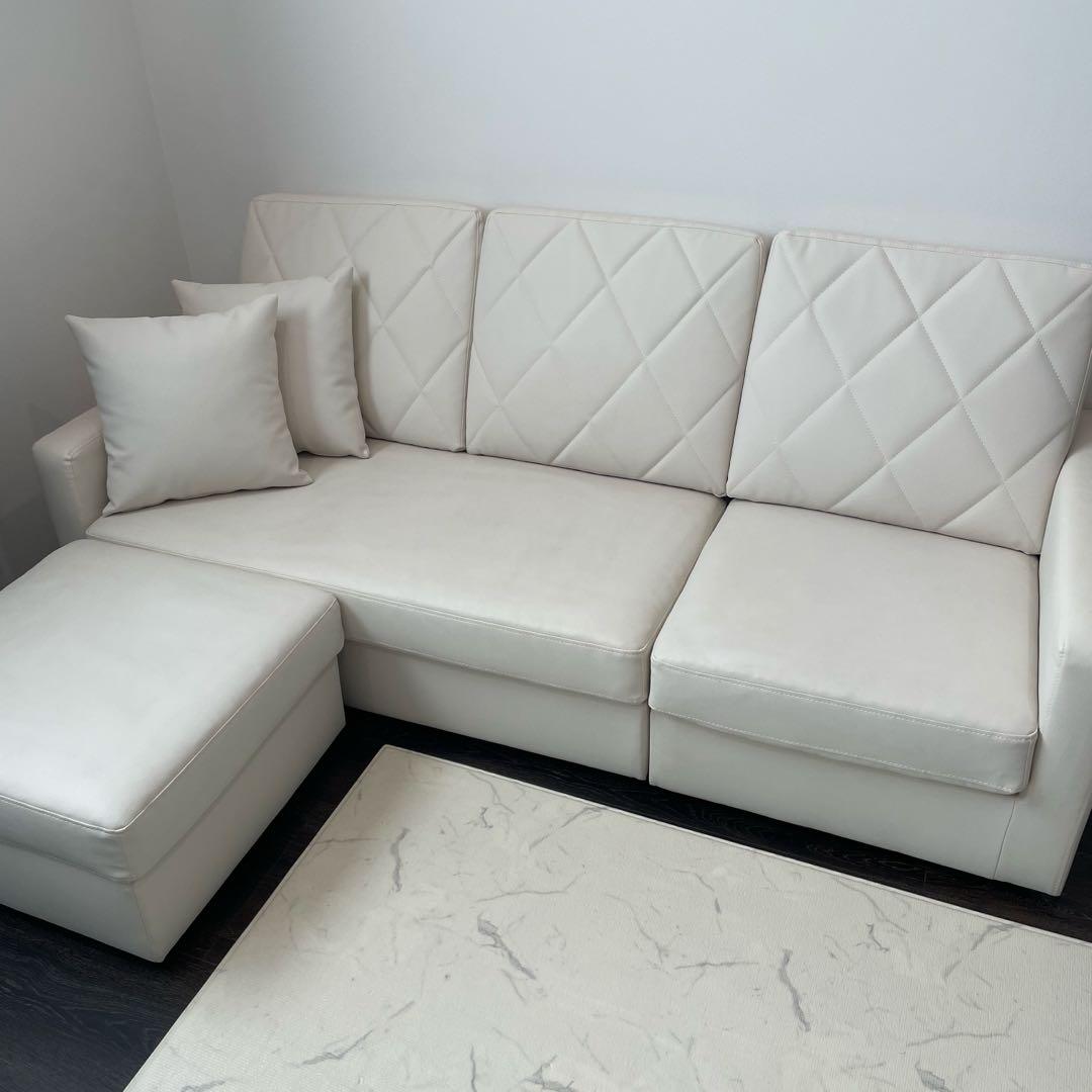 LOWYA 3人掛けカウチソファ クッション付き PVC生地 ホワイト