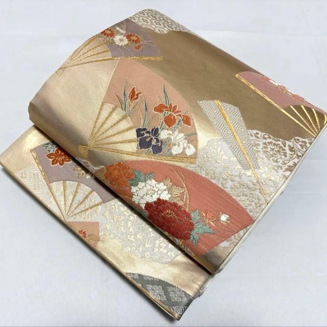 A 彩花道長文 金綾錦 扇に花々 唐草唐花 金糸 正絹 六通 袋帯