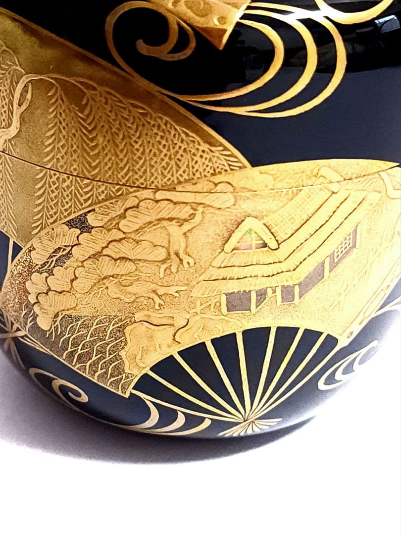 加賀蒔絵 大井好雲斎 扇面流蒔絵 黒大棗 共箱 栞付き 茶道具