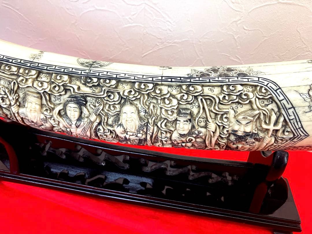 特大 七福神 象牙風 牙 一本物 一本牙 彫刻オブジェ ラクダの骨 中国
