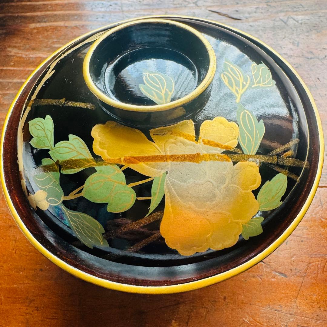 黒漆金彩花文溜塗吸物椀　お吸い物　　黒漆椀　木製椀3客セット　祝膳に　溜め塗り