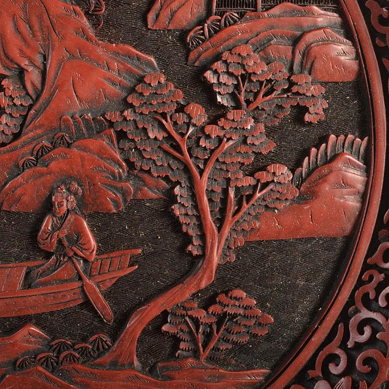 中国　剔紅　堆朱　楼閣山水人物文盤　輪花皿　M　R6804