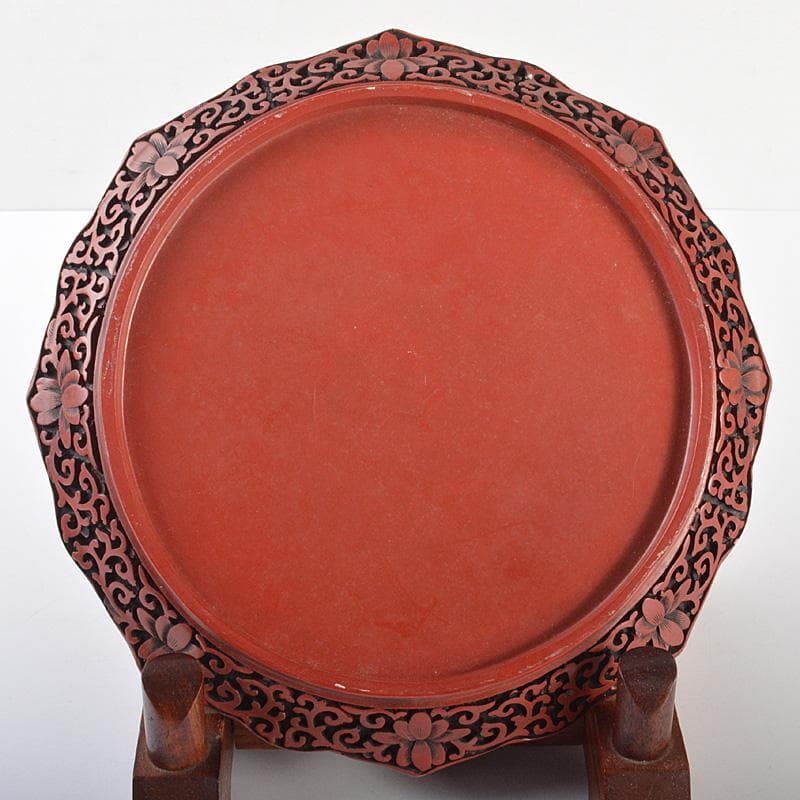 中国　剔紅　堆朱　楼閣山水人物文盤　輪花皿　M　R6804