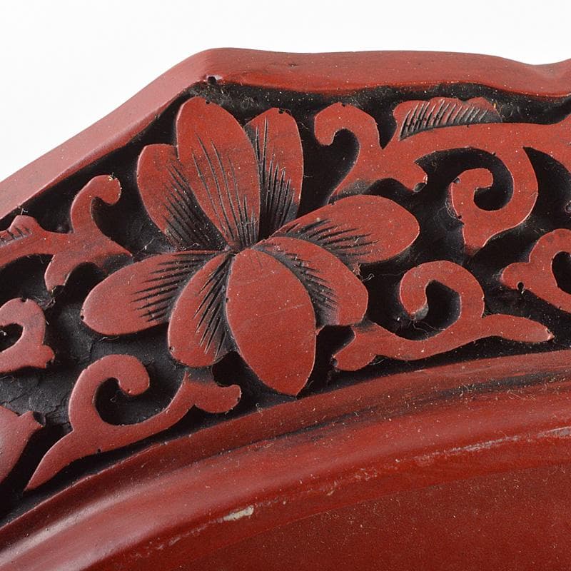 中国　剔紅　堆朱　楼閣山水人物文盤　輪花皿　M　R6804