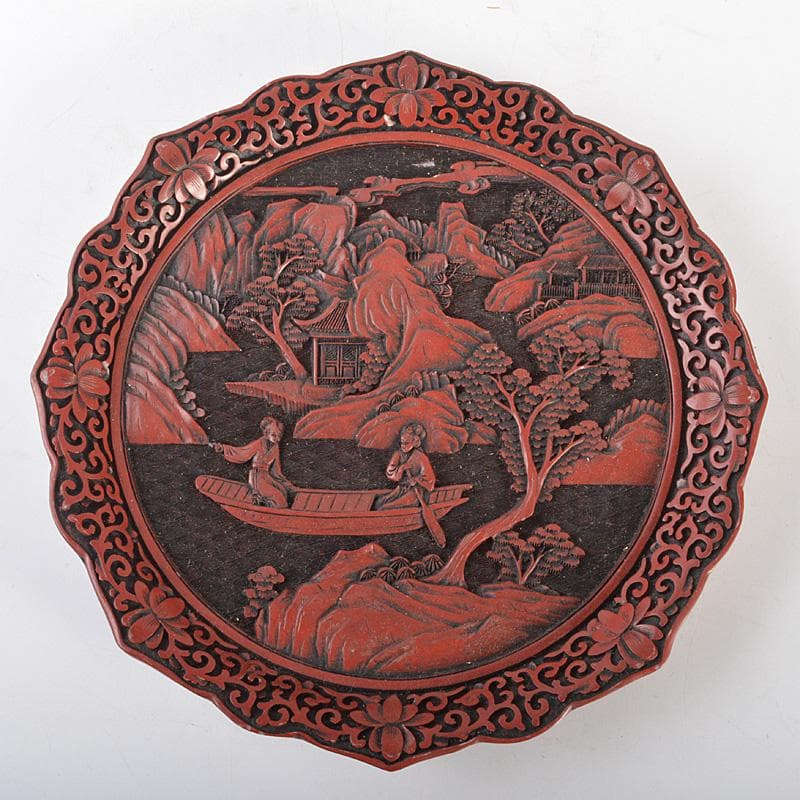 中国　剔紅　堆朱　楼閣山水人物文盤　輪花皿　M　R6804