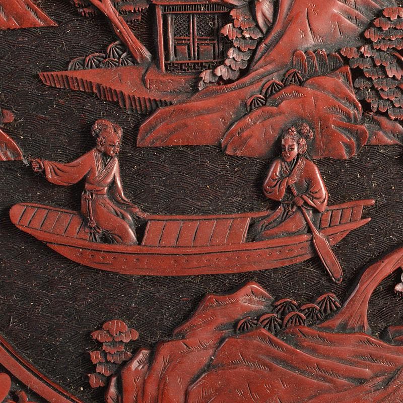 中国　剔紅　堆朱　楼閣山水人物文盤　輪花皿　M　R6804