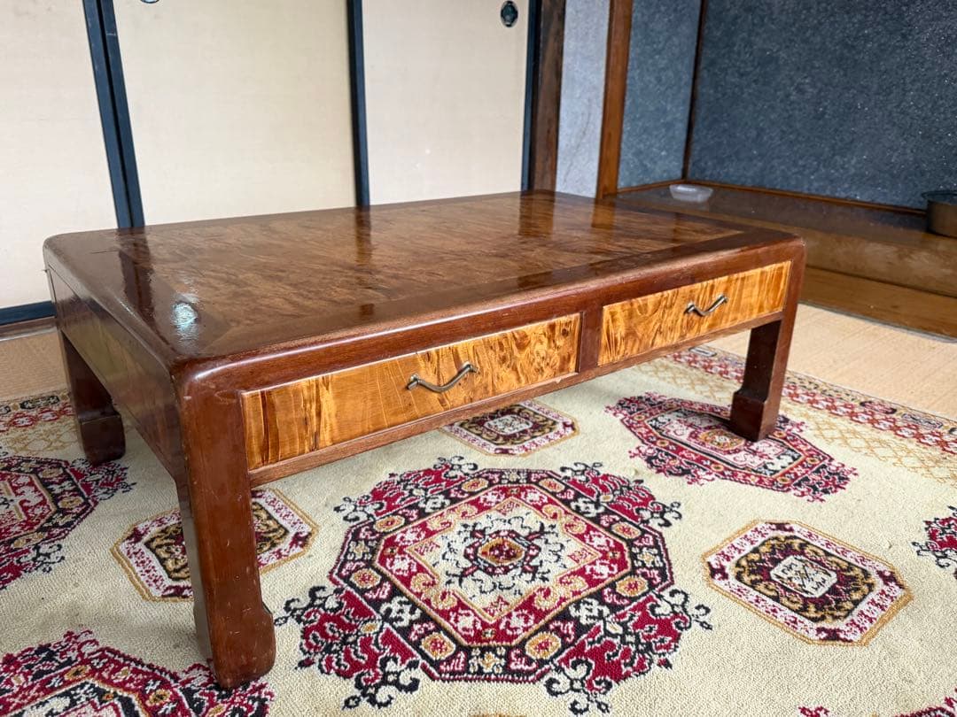 師走ギフト 銘木 座卓 引き出し2つ付き 杢目キラキラ 匠の手工藝