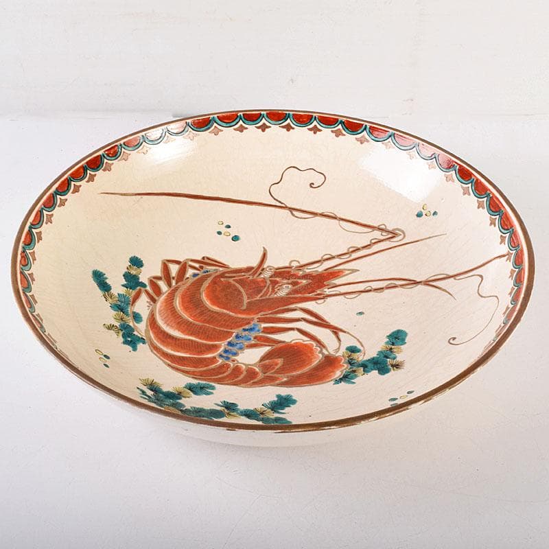 九谷焼　古九谷　色絵　海老文　大皿　飾皿　直径約36㎝　時代箱付　VR8143C