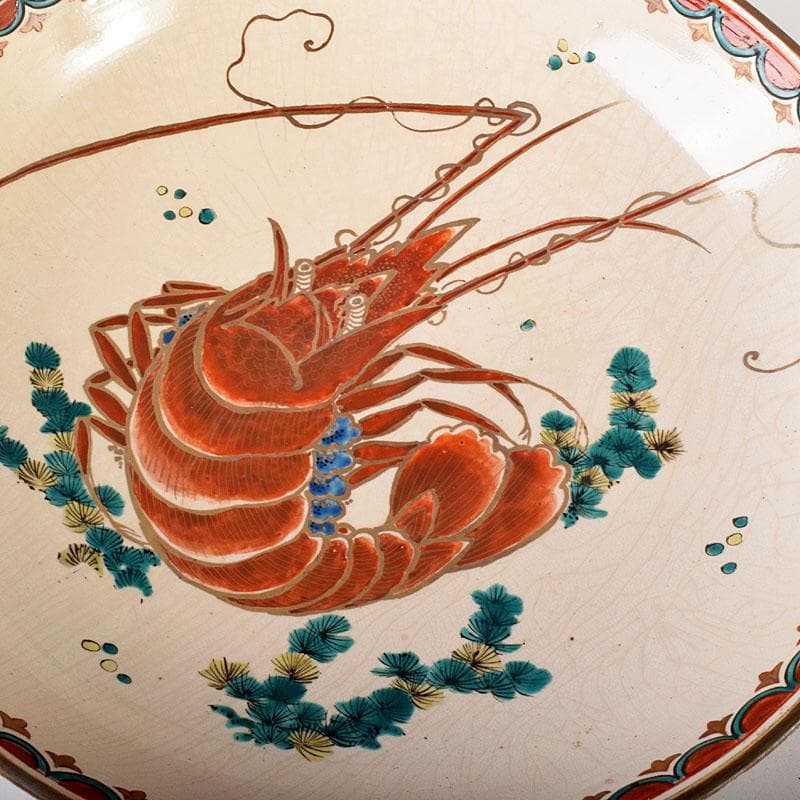 九谷焼　古九谷　色絵　海老文　大皿　飾皿　直径約36㎝　時代箱付　VR8143C