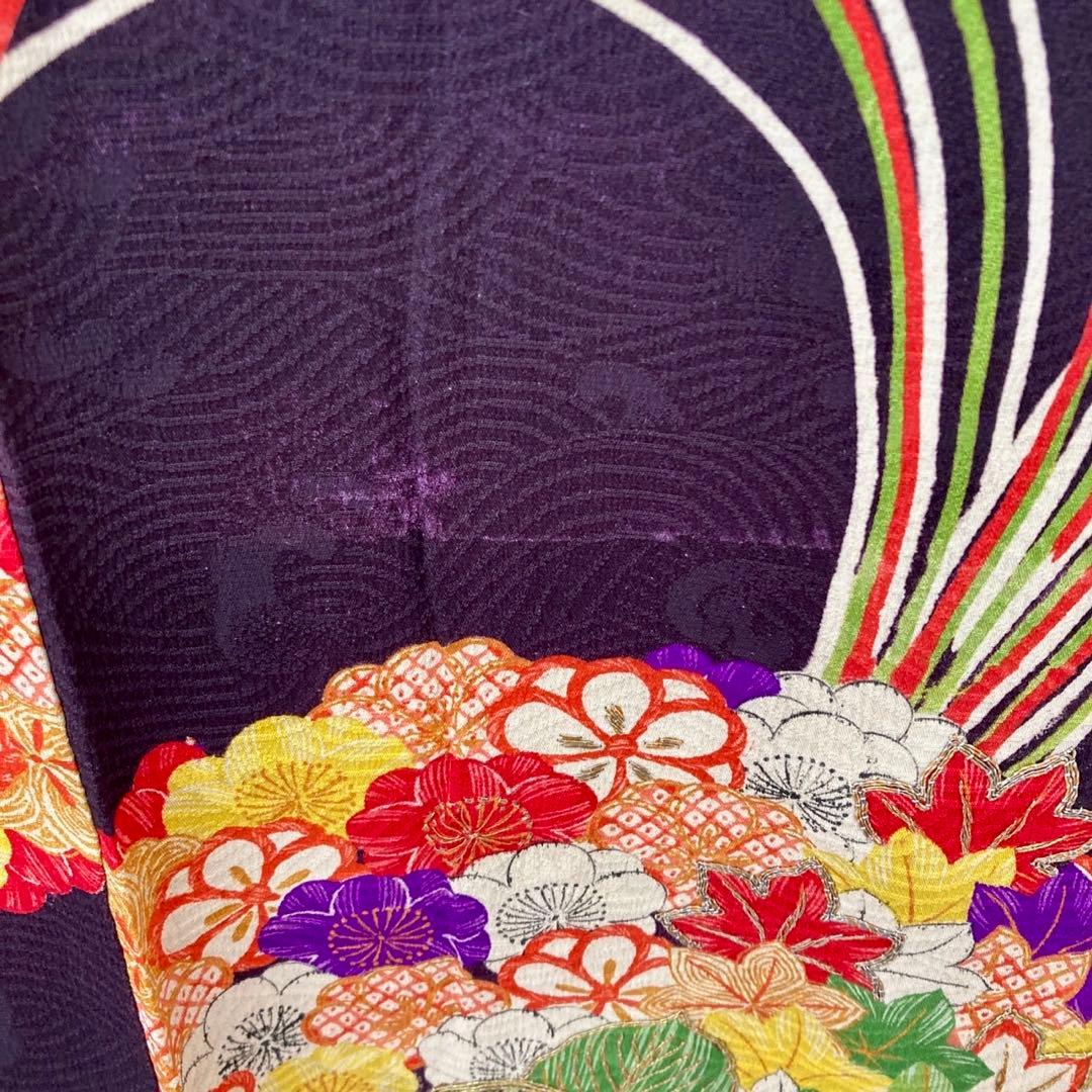 黒紫色 アンティーク 花薬玉 ジュニア 十三詣り アンティーク着物 NO560