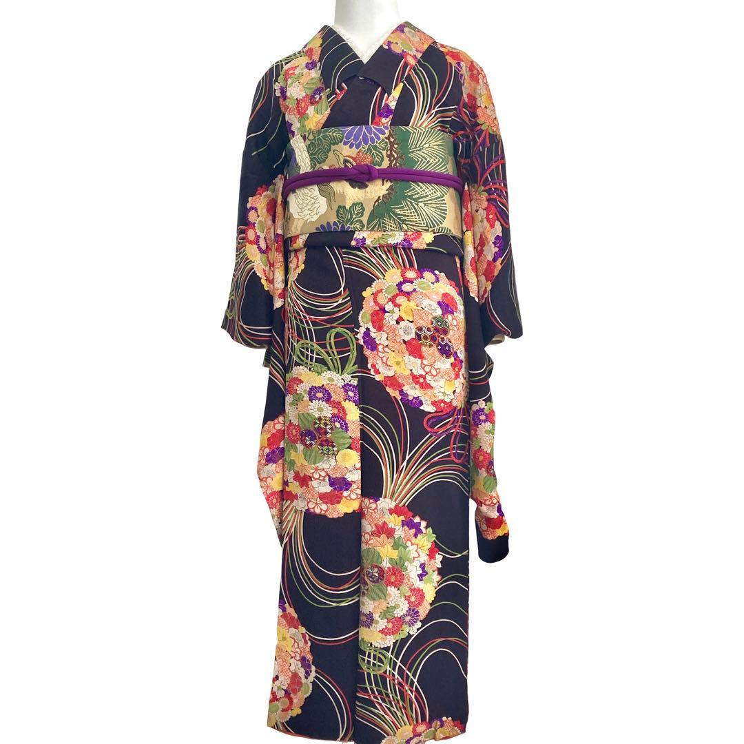 黒紫色 アンティーク 花薬玉 ジュニア 十三詣り アンティーク着物 NO560