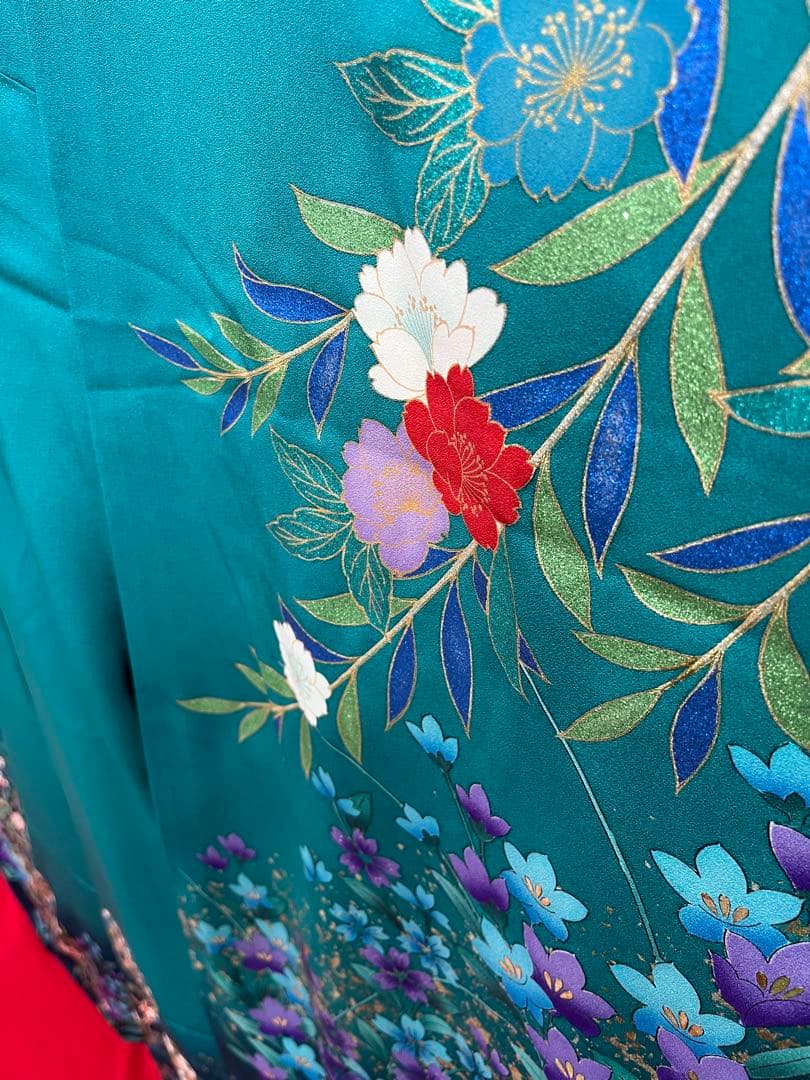 中古 ※B品 振袖 仕立て上がり グリーン 緑 色ヤケあり B14