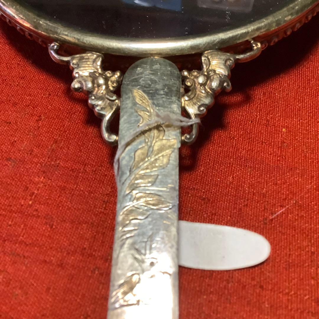 中国工芸品　翡翠彫刻の装飾手鏡(シルバー刻印)