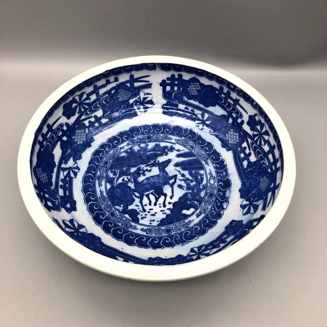 明治時代古伊万里鹿獅子図柄ベロ藍印判手鉢ボウル24cm伊万里焼