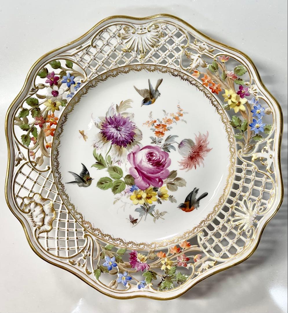 アンティーク マイセン 美術品 陶磁器 花と鳥の装飾プレート