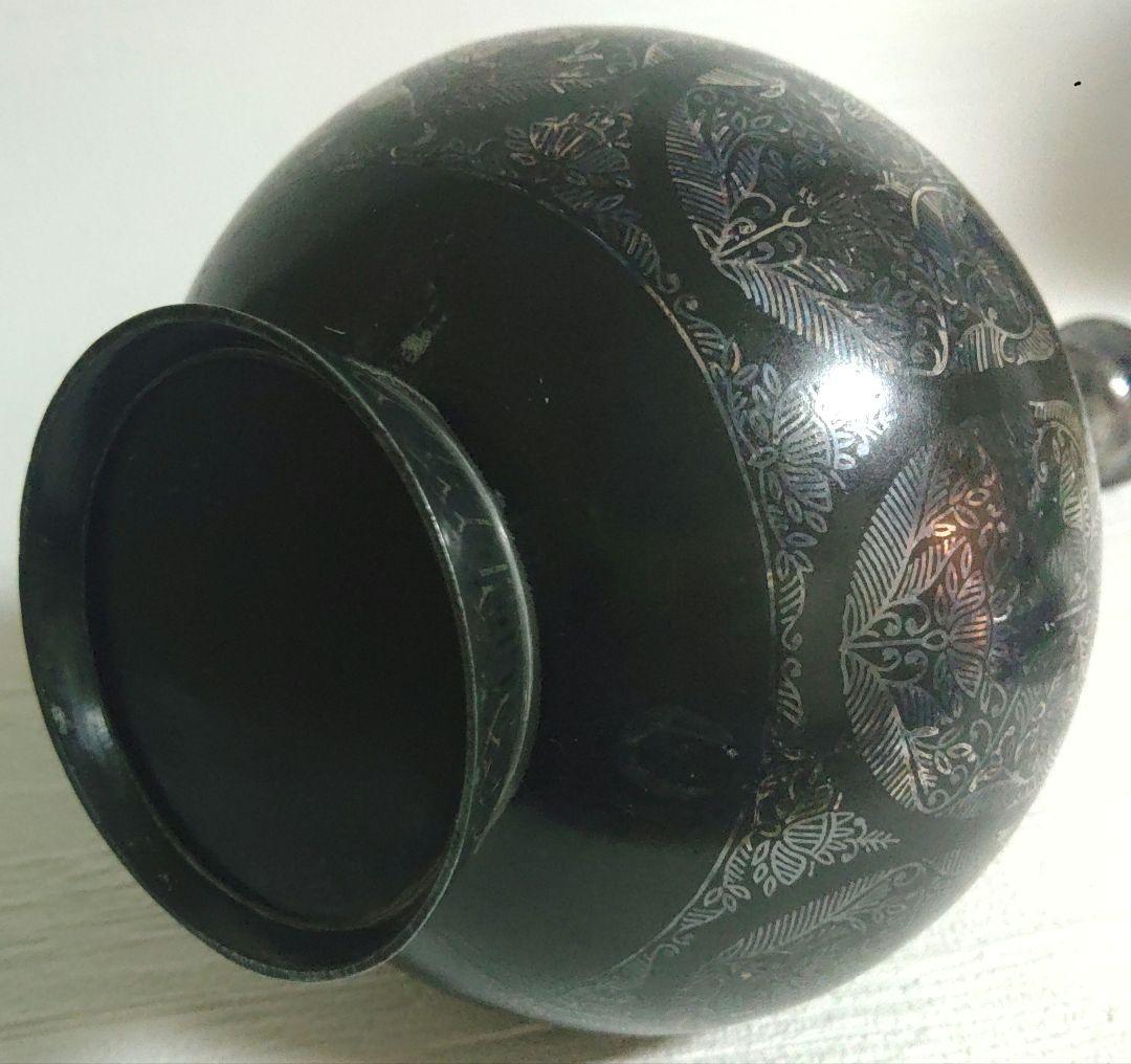 インド 銀象篏 花瓶 置物 草華紋 金属工芸 ミ10 美術品・アンティーク