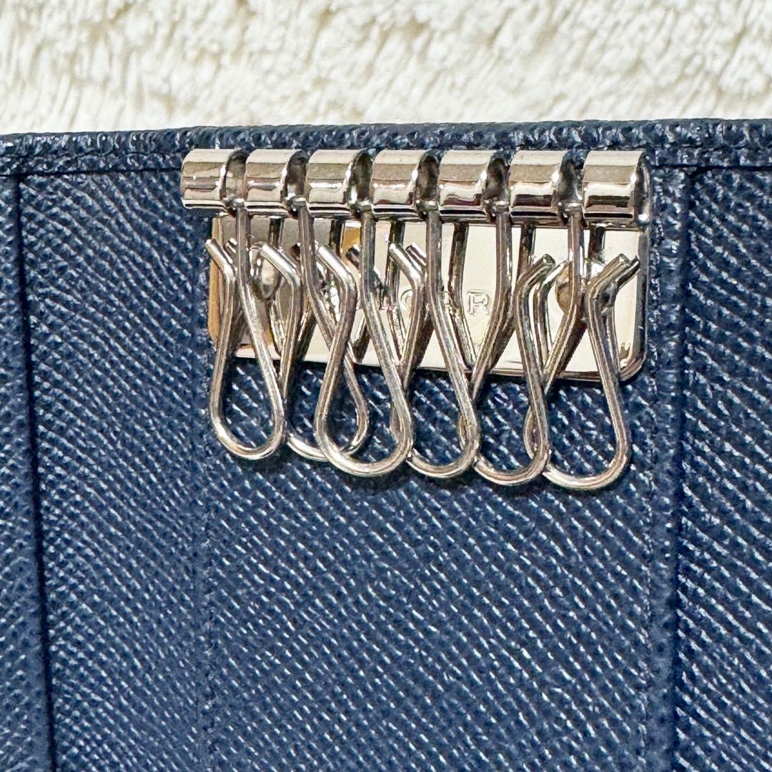 未使用級】IC搭載 ブルガリ マン グレインレザー 6連キーケース ネイビー