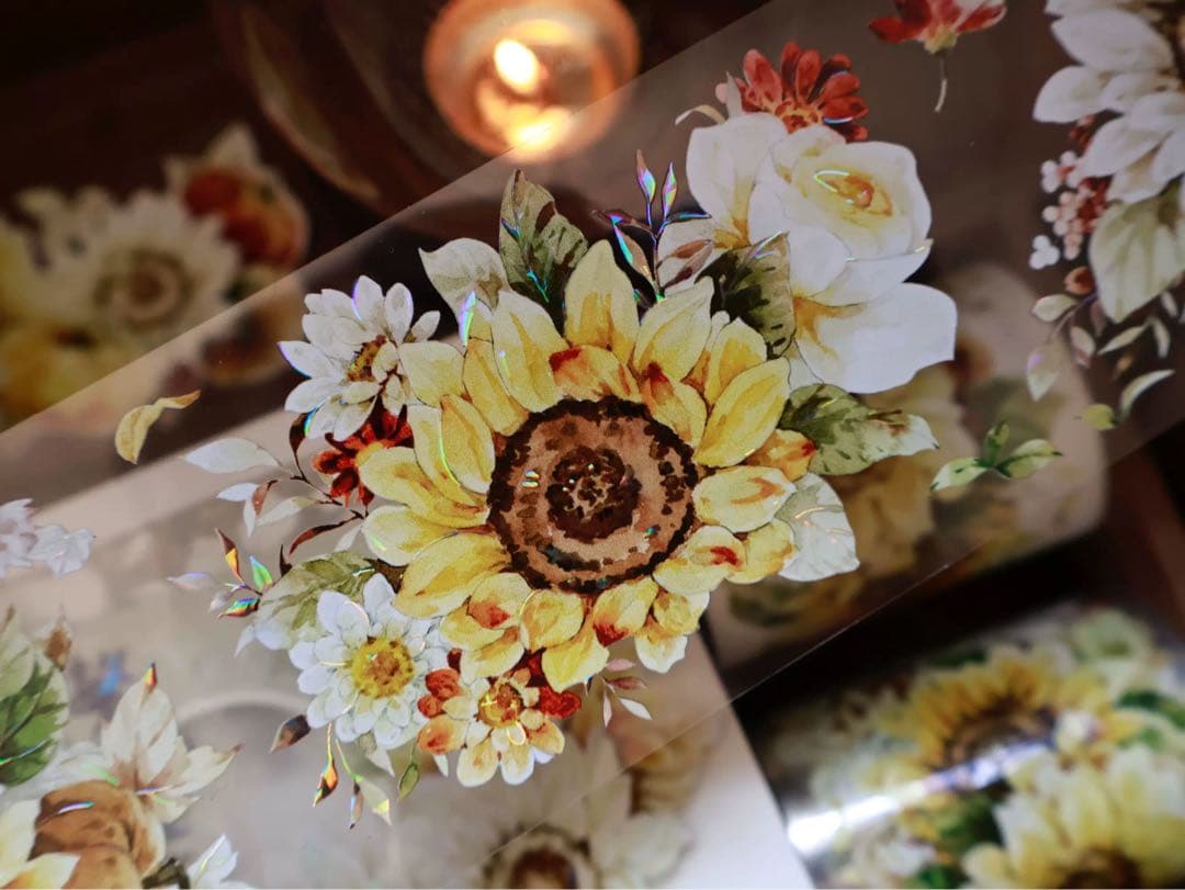 8224】海外 マステ 5m巻売り 貝殻光マスキングテープ 向日葵 お花