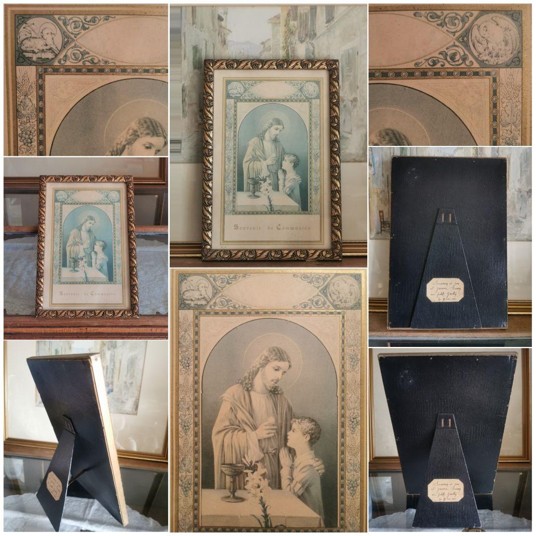 アンティークベルギー キリストと少年 初聖体 天使羊鳥透し絵 ローズ