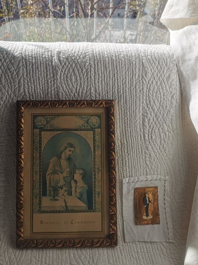 アンティークベルギー キリストと少年 初聖体 天使羊鳥透し絵 ローズ