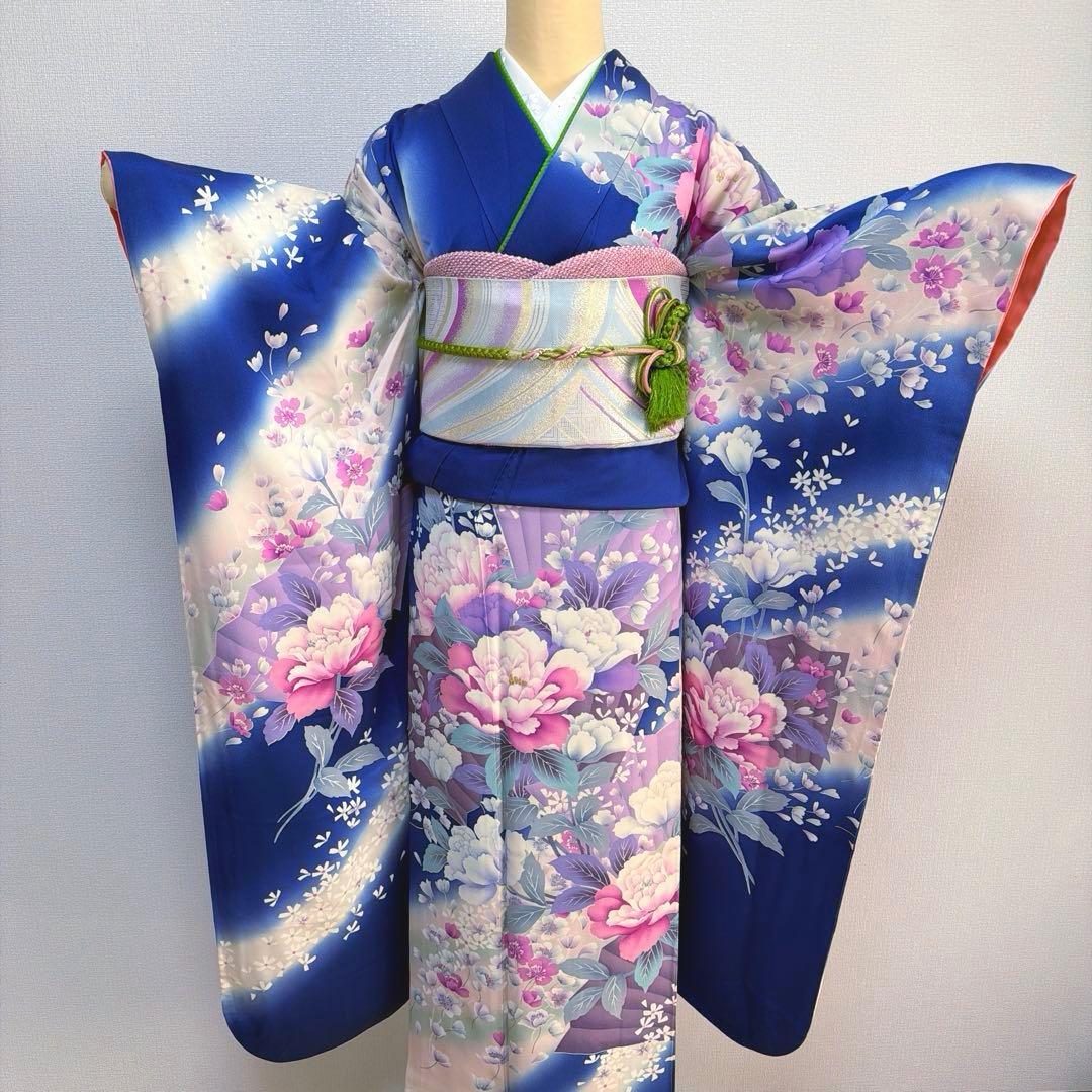 34 振袖フルセット 正絹 ブルー 青 紫 緑 銀彩 刺繍 暈し染め 華やか