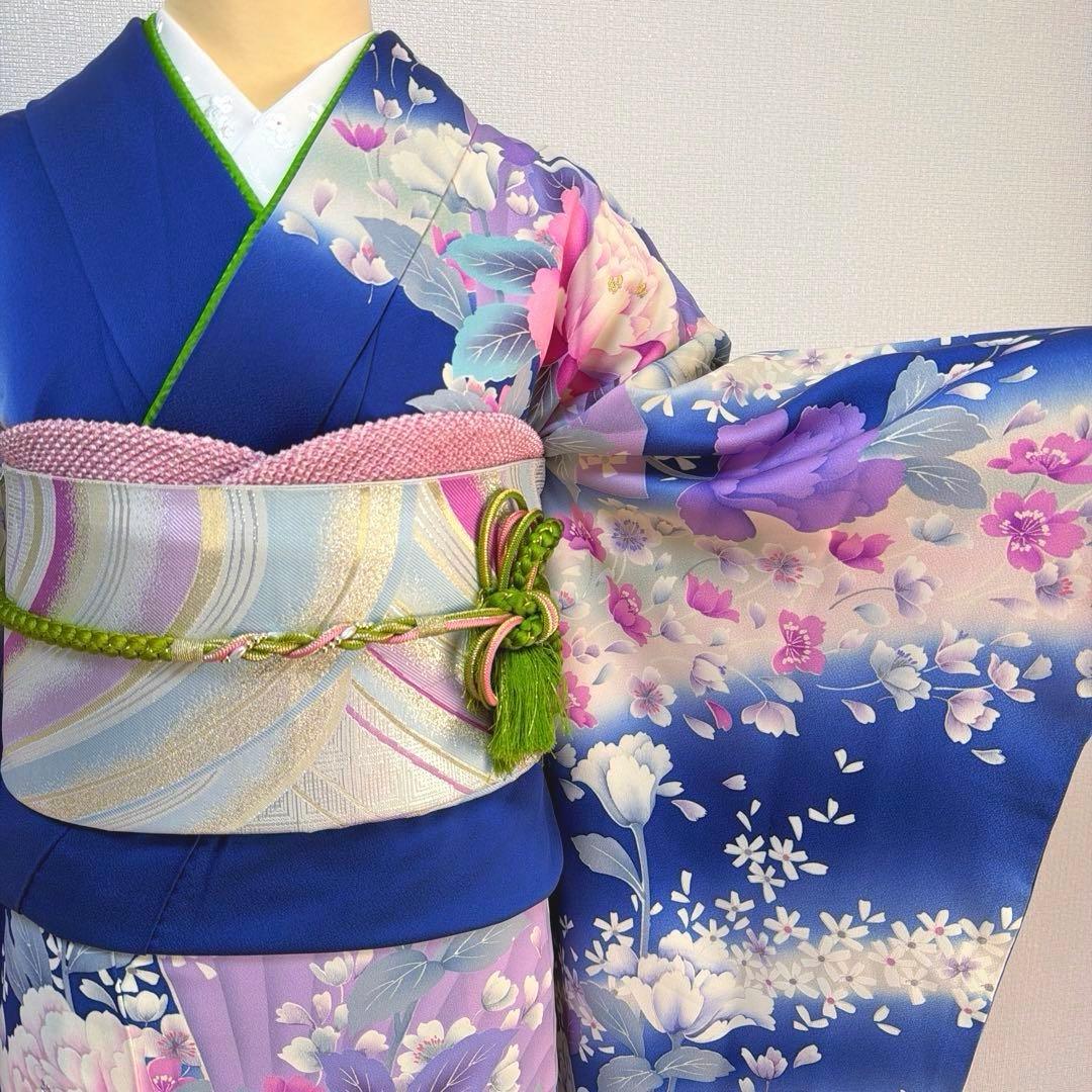 34 振袖フルセット 正絹 ブルー 青 紫 緑 銀彩 刺繍 暈し染め 華やか