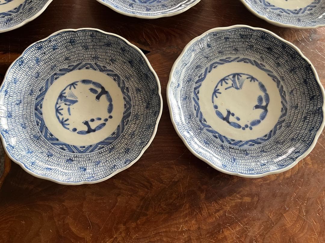 古伊万里 微塵唐草染付7寸5枚セット（太明成化年製）貴重 y033 古