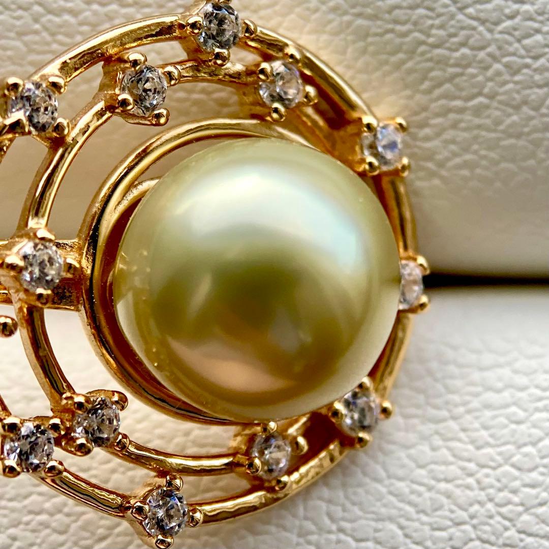 本真珠南洋白蝶真珠　茶金(緑)9.6㍉s925リングY1023