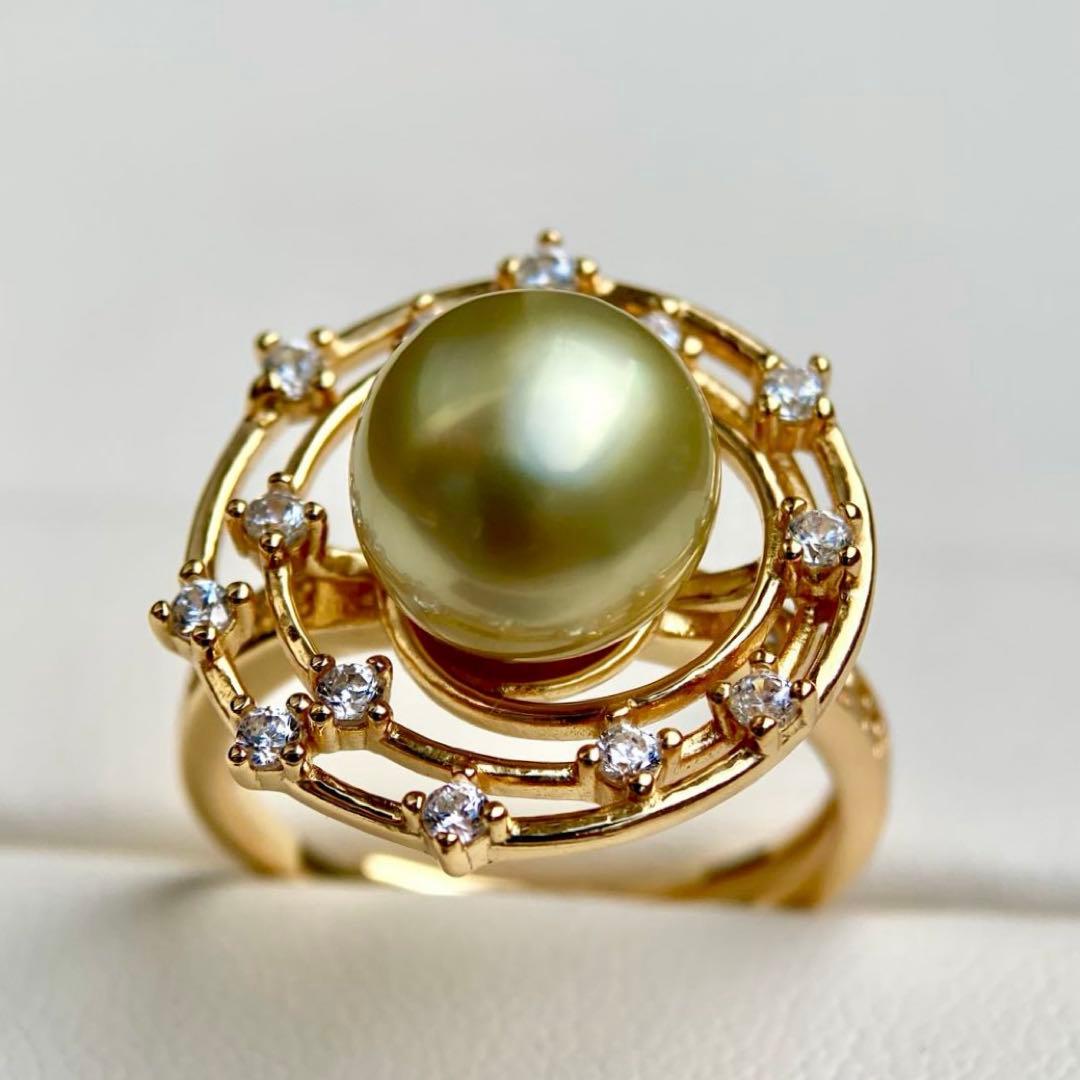 本真珠南洋白蝶真珠　茶金(緑)9.6㍉s925リングY1023