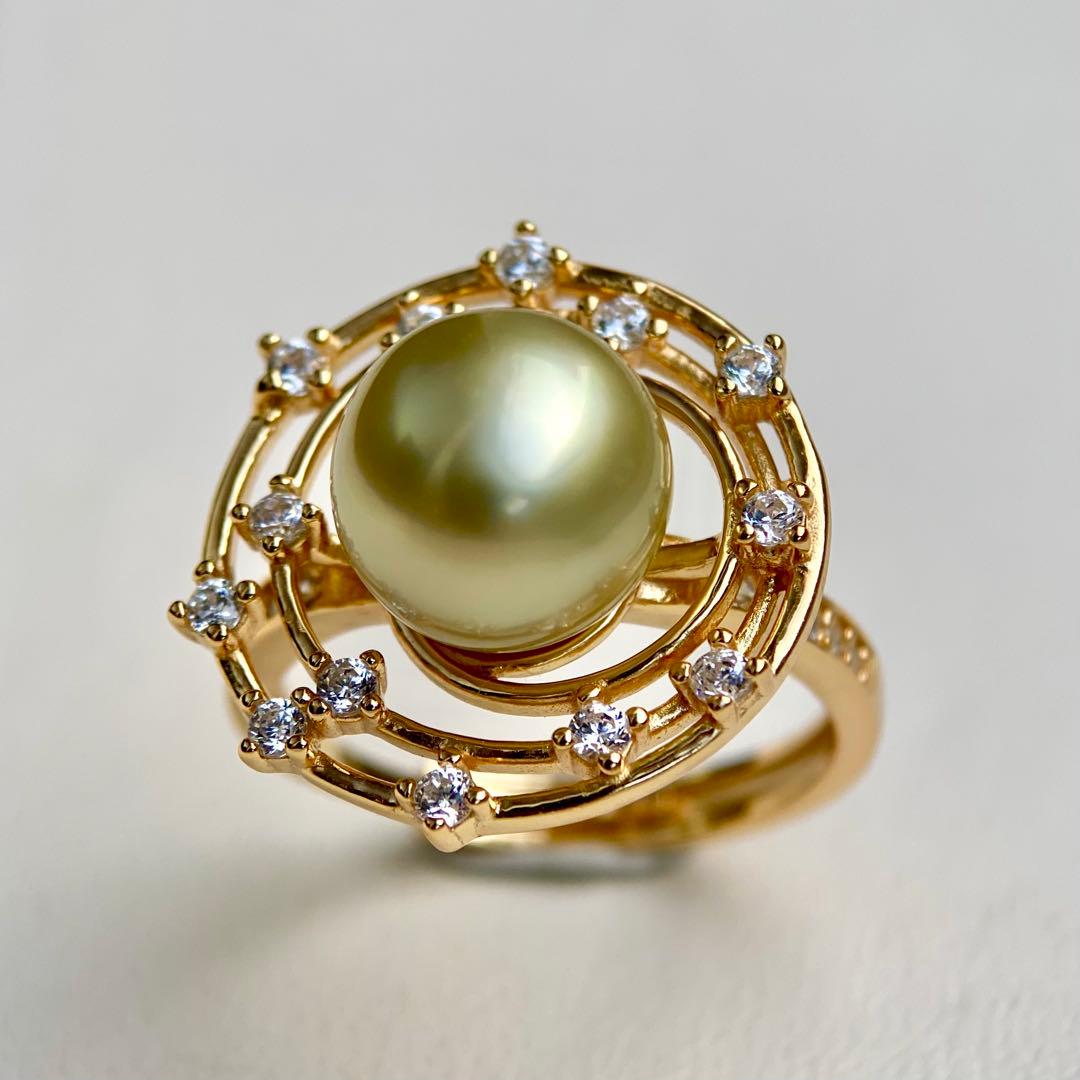 本真珠南洋白蝶真珠　茶金(緑)9.6㍉s925リングY1023