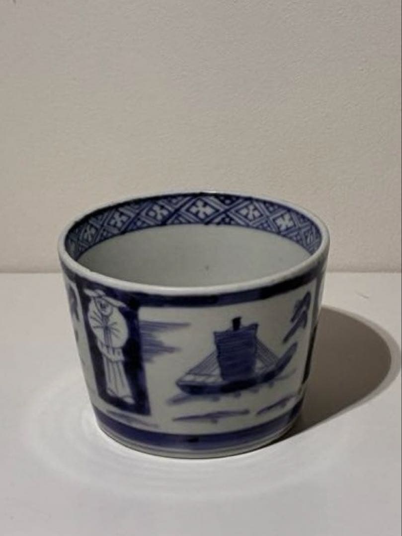 古伊万里 蕎麦猪口 異国人 帆船 ラッタン 南蛮人 アンティーク 骨董2個