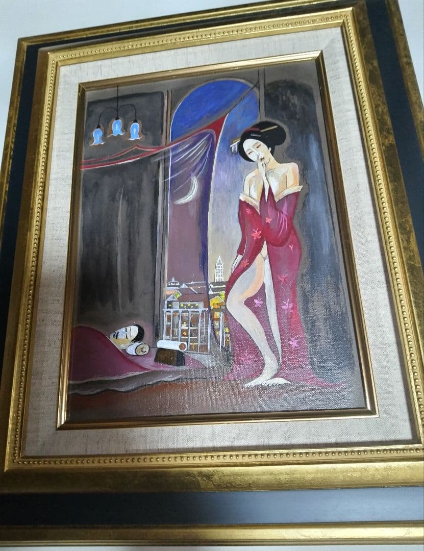 斎藤真一、絵画、油彩4号、蚊帳の月、高級額縁、肉筆、片岡球子、鴨居