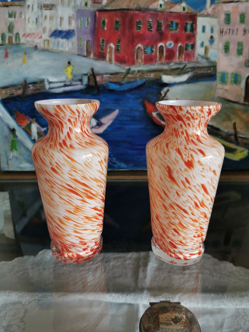 アンティーク ヴェネチアンガラス ブラッドオレンジ＆ホワイト 工房物