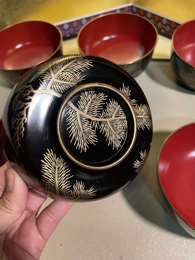 美品　輪島塗 寿松沈金 煮物椀 6客 雑煮椀/大椀/平椀/麺椀/丼椀 漆器