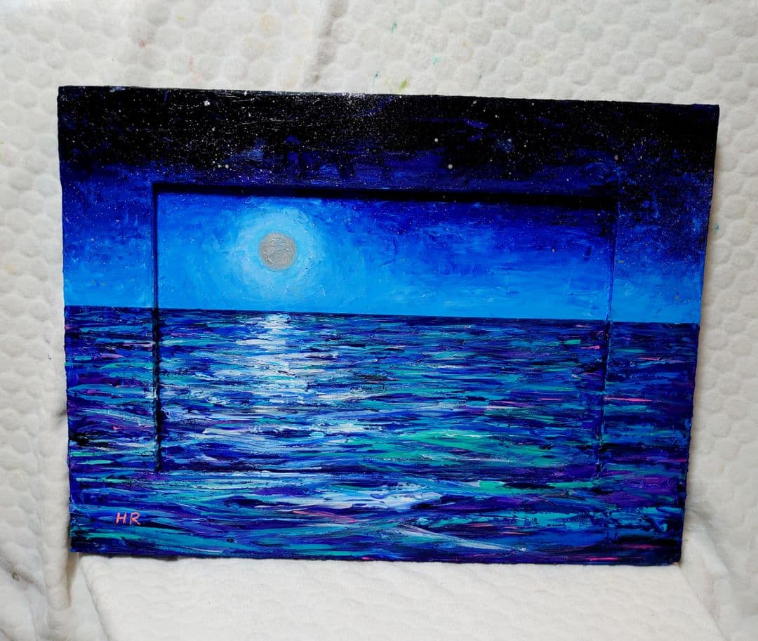 油絵 絵画 【月の夜海】【木製】