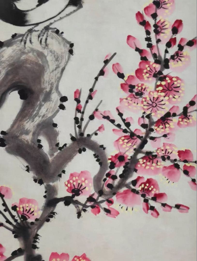 【中堂掛軸】王雪濤《報喜図》梅花と喜鵲／縁起の良い吉祥画　宣紙 手工表装