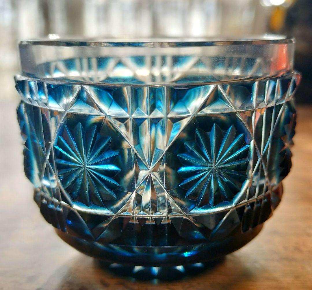 薩摩切子 猪口 八角 籠目文 藍色 酒器 ぐい呑み 刻印あり箱なし - メルカリ