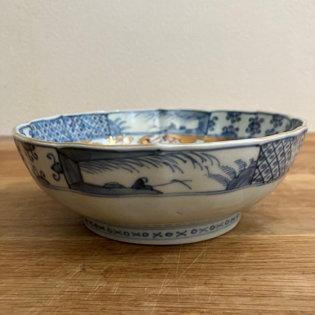 古伊万里 江戸中期色絵金彩染付 なます皿 花リム鉢 古道具 アンティーク 骨董