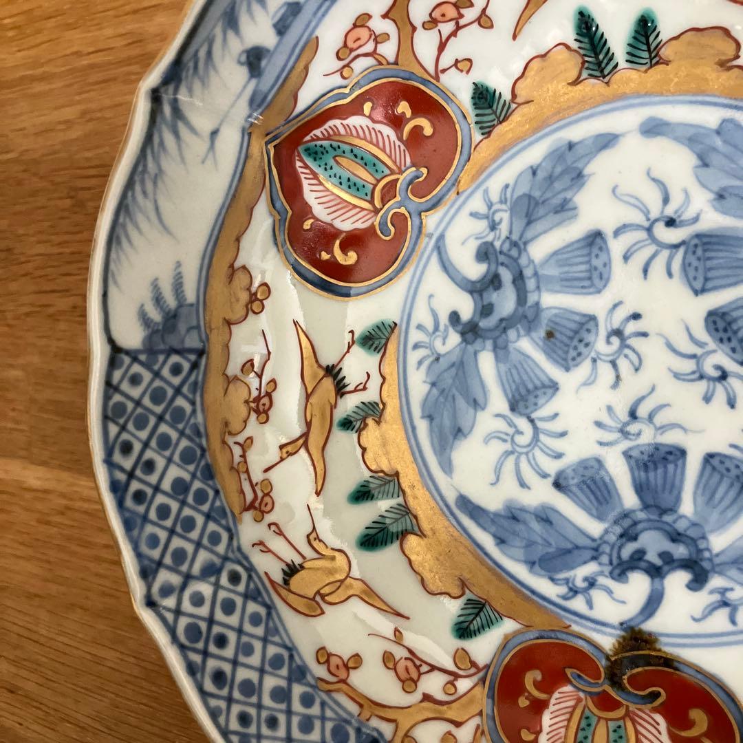 古伊万里 江戸中期色絵金彩染付 なます皿 花リム鉢 古道具 アンティーク 骨董