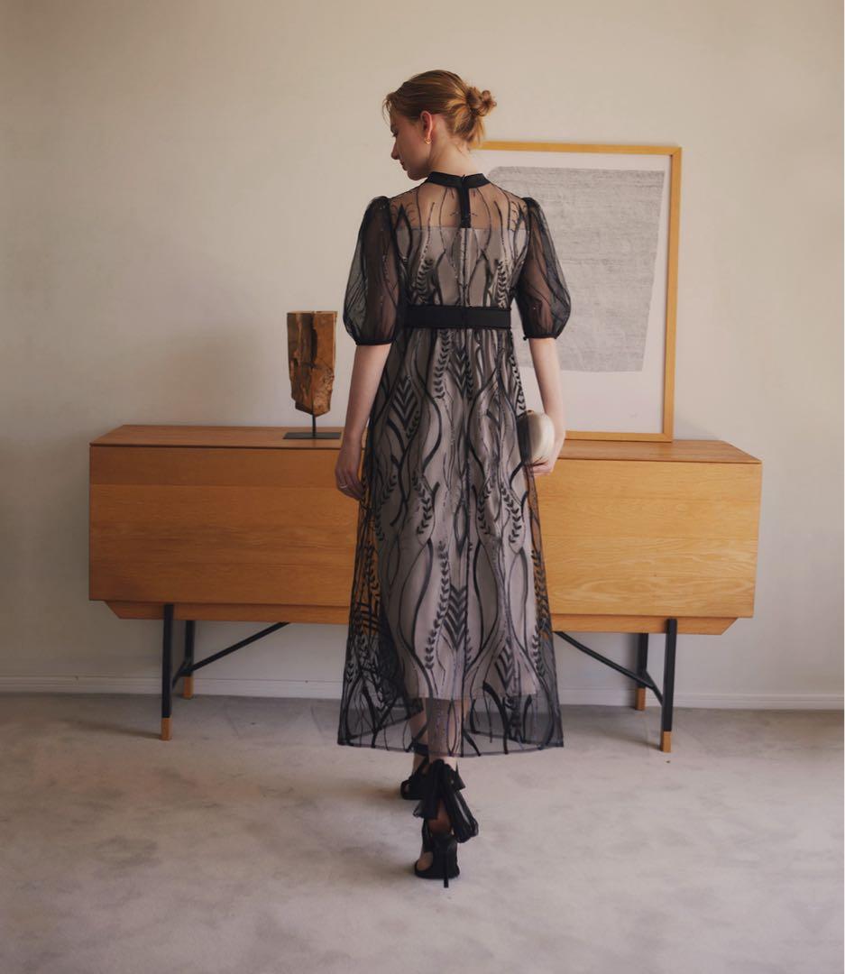 【LEJA】スパンコール刺繍レースプチハイネックAラインドレス パーティードレス