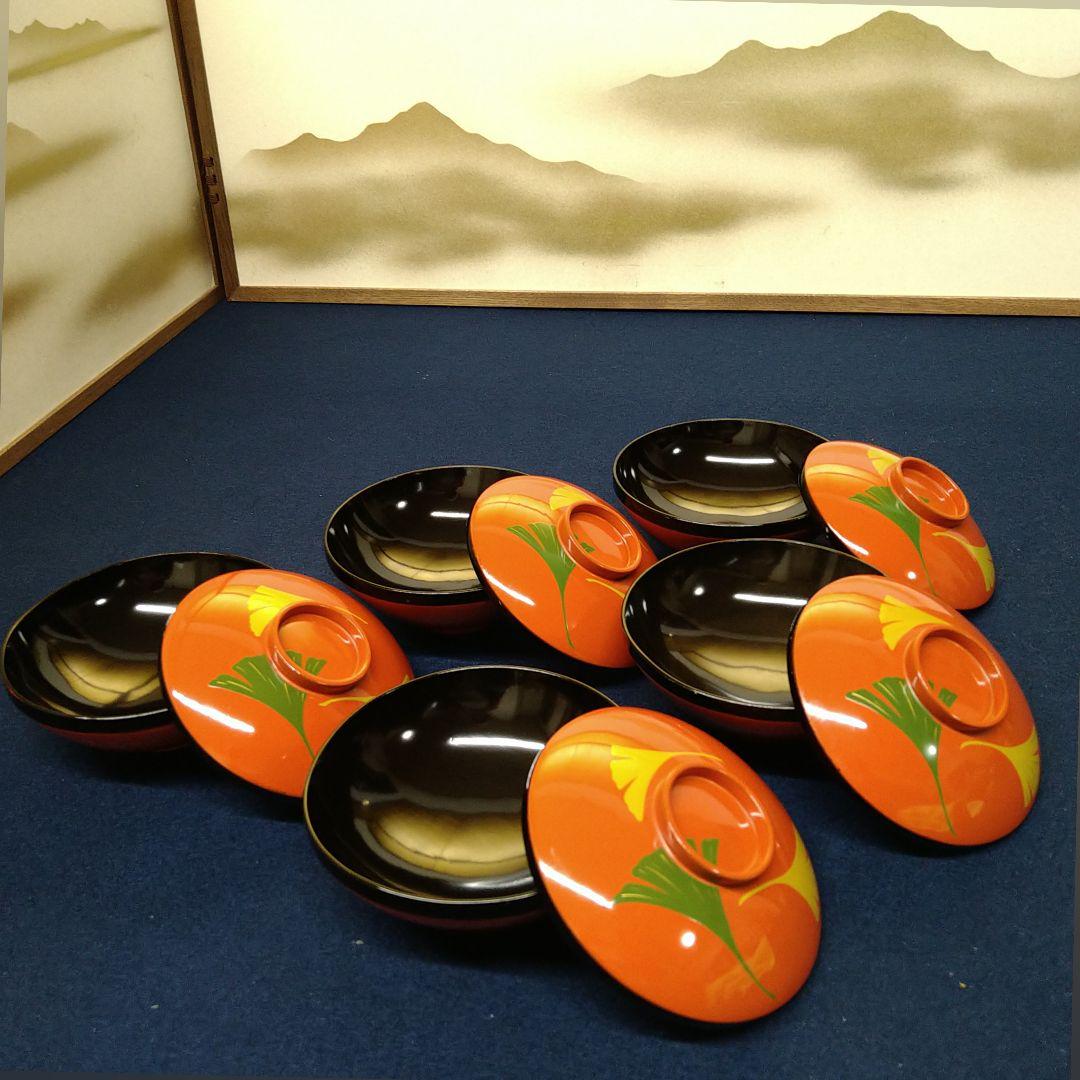 AG75 輪島塗 吸物椀 漆絵 銀杏図 蓋付吸物椀 木製漆塗 六客 お椀