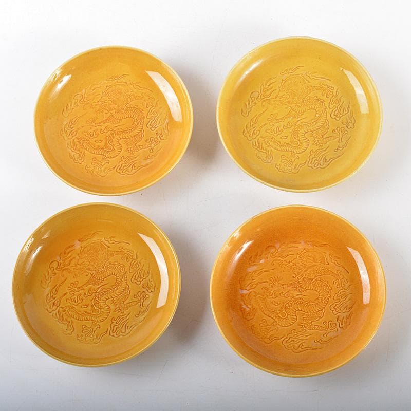 中国 黄交趾 黄釉 龍文線刻皿 小皿 4客まとめて D R6016