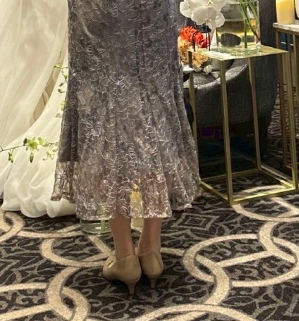 LEJA スパンコール花柄刺繍ソフトパフスリーブマーメイドラインドレス